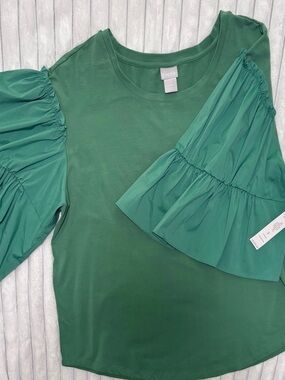 Chico's Green Tiered Puff-Sleeve Long Sleeve Tee